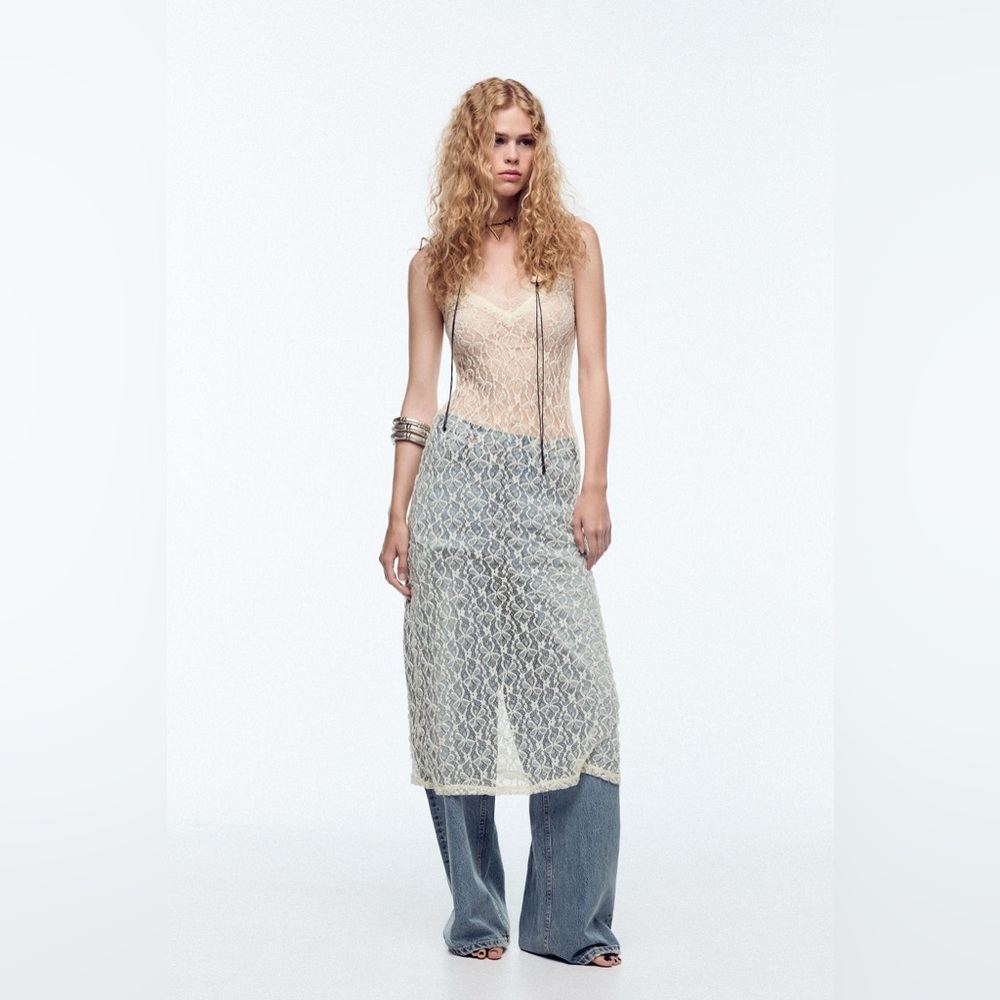 Zara Lace V-neck Semi-Sheer Midi Dress, Cream M NWT